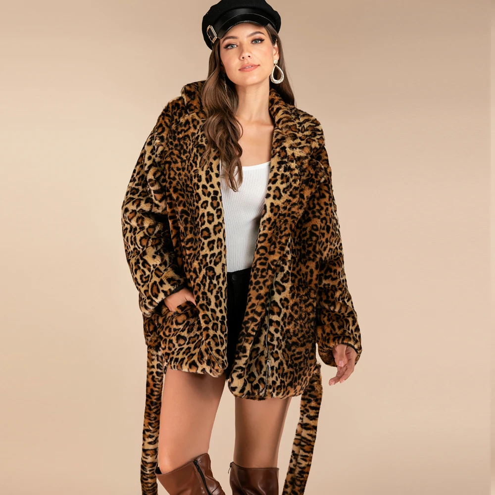 

Winter new women's Leopard grain coat long sleeve turn-down collar Imitation fur coat casual fashion loose coats