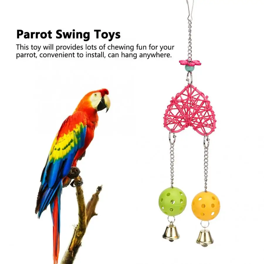 Bird Toy Supplies Pet Parrot Straw Plaited Heart Shape String Plastic Ball Chewing Biting Hanging Swing Toy Bird Cage