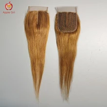 Malla con división en T para mujer, cabello humano liso Remy brasileño de color marrón miel, cierre de encaje de 8 a 20 pulgadas