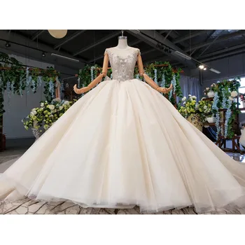 شراءBGW HT4134 فساتين زفاف الكرة س الرقبة بلا أكمام حبة فساتين الزفاف كشكش الملكي قطار موضة جديدة Vestido De Noiva حجم كبير