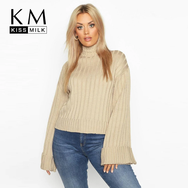 Kissmilk 2022 Plus Size Woman Clothes Vertical Striped Knit Half-necked Wide-brimmed Pullover Sweater