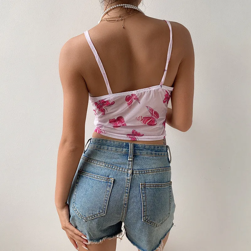 Y2k Women's Tie-dye Suspenders Butterfly Print V-neck Slim Crop Top Sexy Open Back Ladies Vests Party Wear And Street Wear