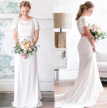 

Shwaepepty 2020 Boho Lace Wedding Dresses Fake Two Piece Short Sleeve Country Bridal Gowns With Beaded Sash Mermaid Bride Dress