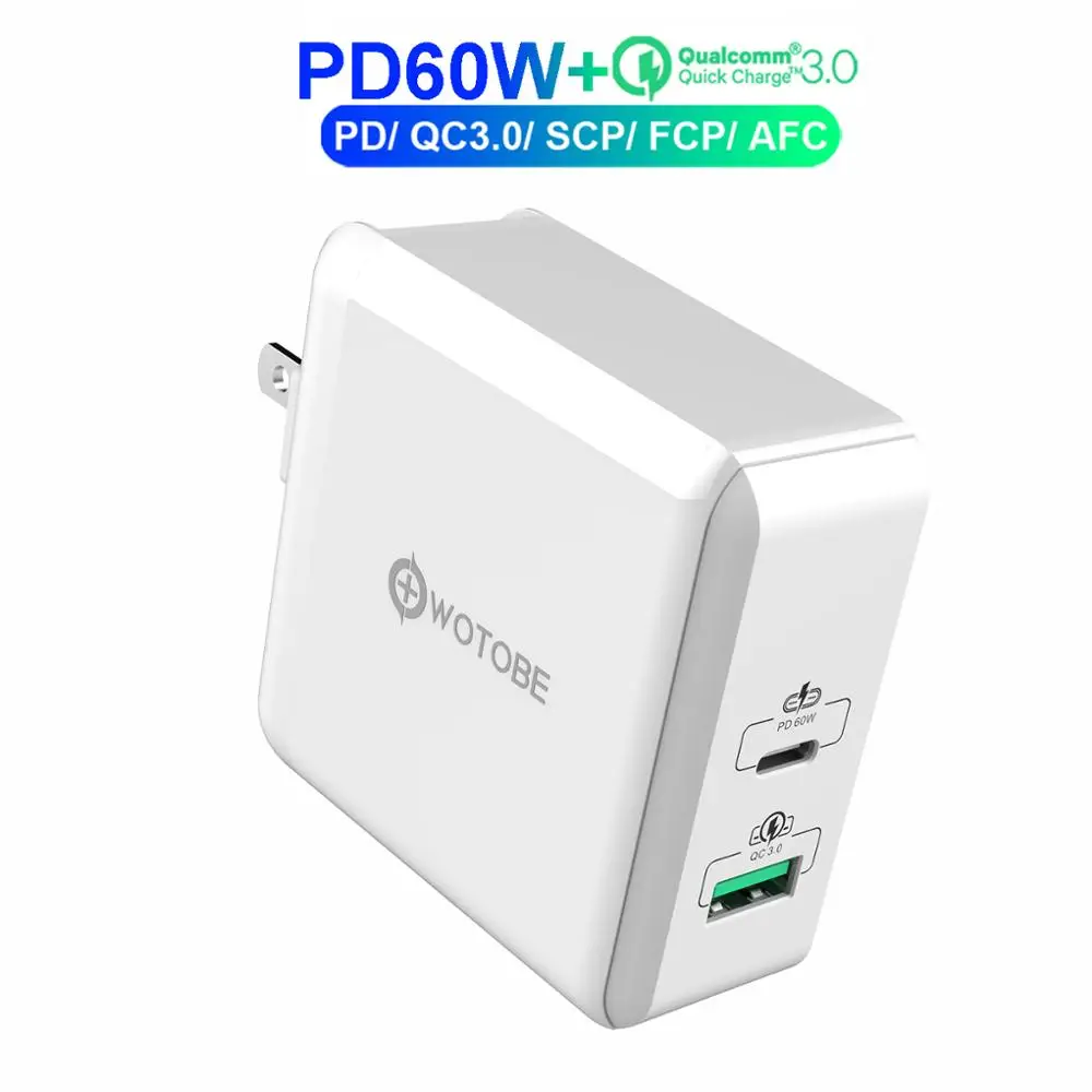 WOTOBE 2 порта USB-C зарядное устройство, 1 порт PD60W и 1 QC3.0/SCP/AFC 22,5 Вт USB C кабель для huawei p20/30 MacBook iPad iPhone s10 - Тип штекера: US