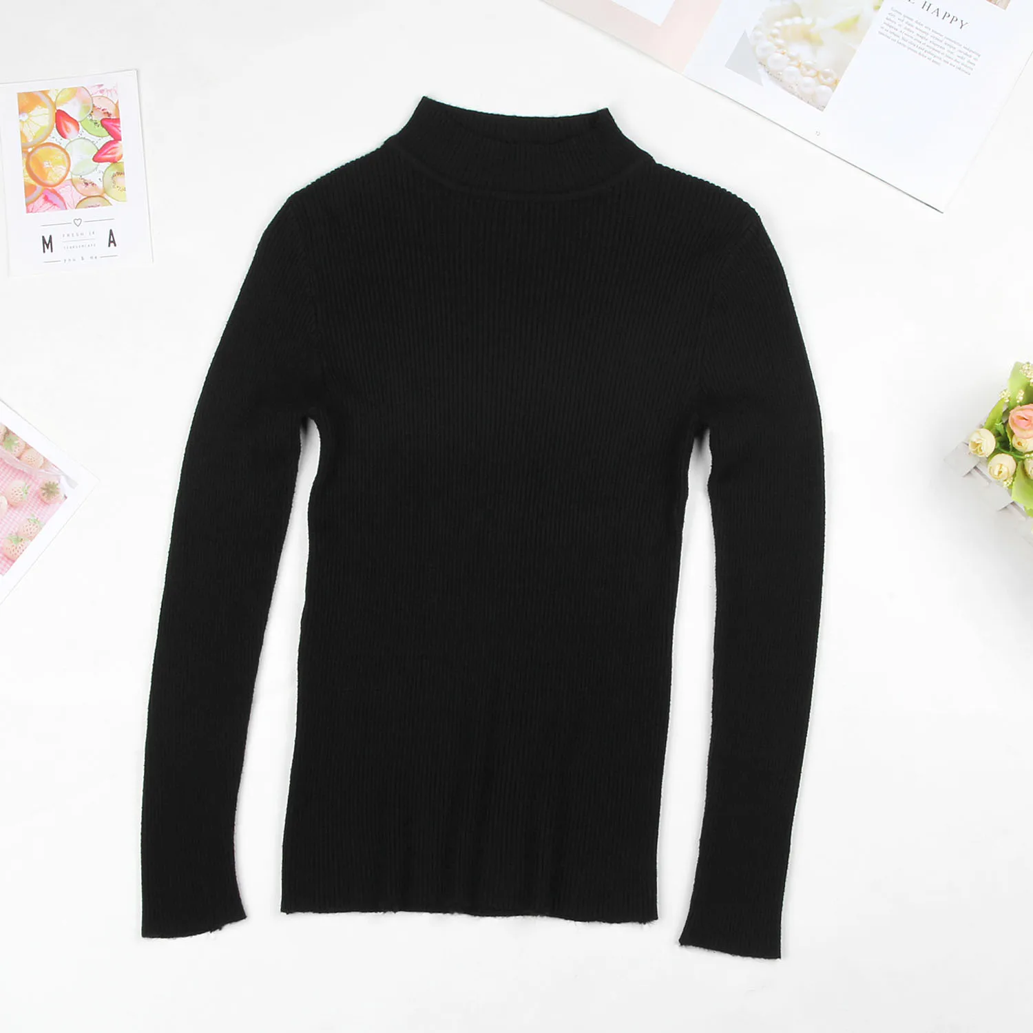 DeRuiLaDy Fall New Women Turtleneck Sweater Pullover Black Pink Knitted Slim Sweaters Tops Winter Casual Sweater Jumper Top - Цвет: Черный