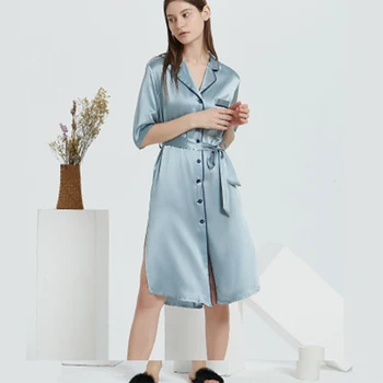 

New 19mm heavymulberry silk pajamas Robe dress nightdress retro elegant temperament cheongsam skirt long nightgown