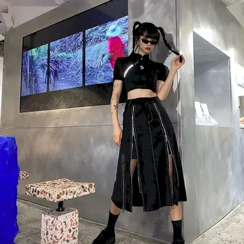 

Korean style zipper split skirts for women high waist black skirt long faldas vintage thin irregular summer 2020 new fashion