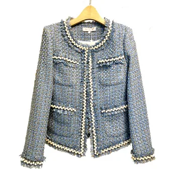 

2019 New Runway Autumn Winter Tweed Jacket Coat Women's Beading Long Sleeve Woolen Fringed Trim Tassels Pearl Pocket Jacket