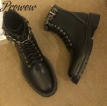 

Prowow New Runway Fashion Design Genuine Letaher Round Toe Punk Boots Lace Up Low Heel Boots Zapatos Mujer