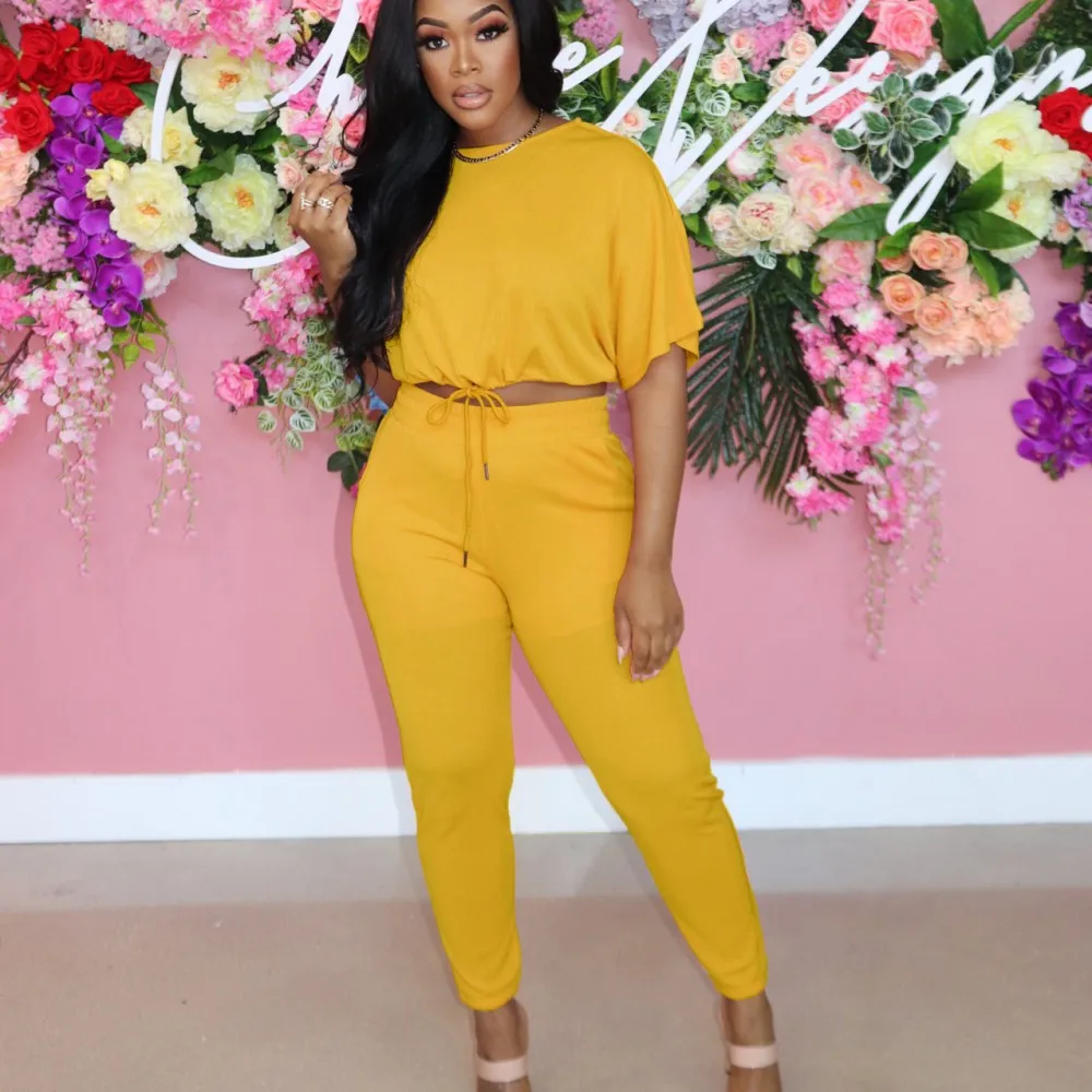 2-piece Short-Sleeved T-Shirt Top Elastic Waist Trouser Suit Fashion Sexy Solid Color Women