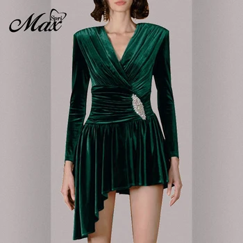 

Max Spri Women V-neck Long Sleeve Diamond Asymmetric Hem Mini Draped Dress 2019 Autumn New Party Fashion Corduroy Vestidos Green