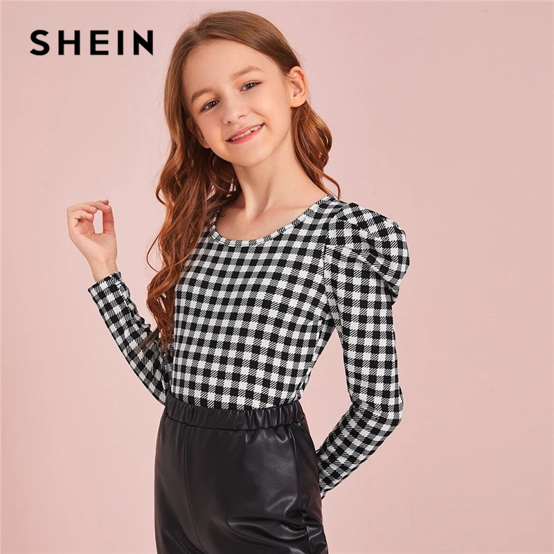 SHEIN Kiddie/Повседневная футболка в черно-белую клетку с принтом топы для подростков г. Осенние милые детские футболки с рукавами из бараньей кожи