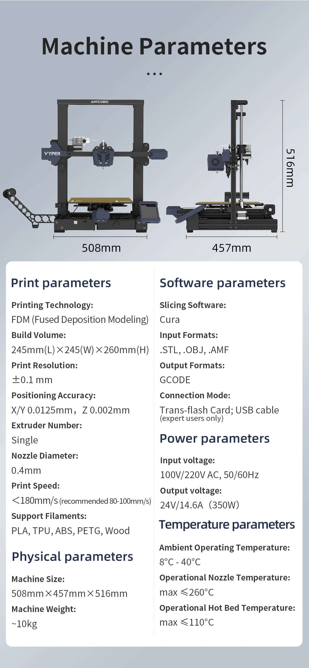 ANYCUBIC VYPER 3D Printer with A Brand-New Core Small Body and Big Size 245*245*260mm Fast Assembly Auto Leveling FDM 3D Printer 3dprinter