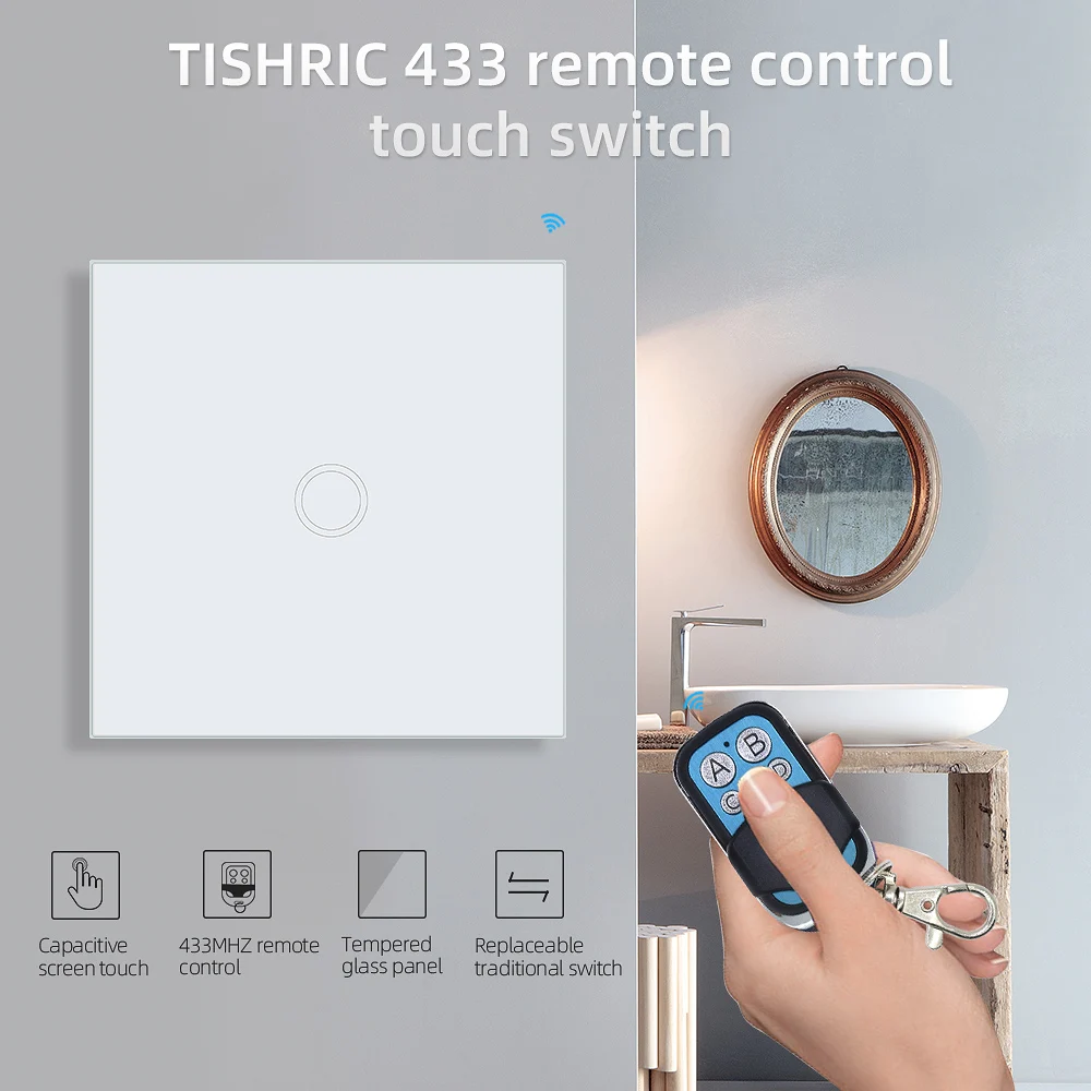 

TISHRIC luxury Wall Touch Smart Switch 1/2/3 Gang 433Mhz Remote Control EU Standard Light Switch 220V-240V Crystal Glass Panel