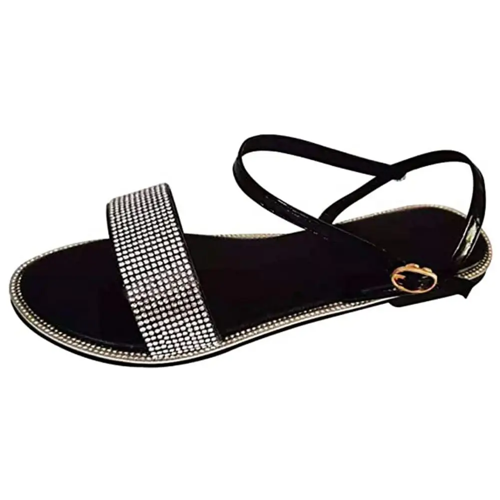 lady Rhinestone Sandals Summer Low-heeled slippers metal rear buckle Round toe shoes woman Casual party banquet Sandals