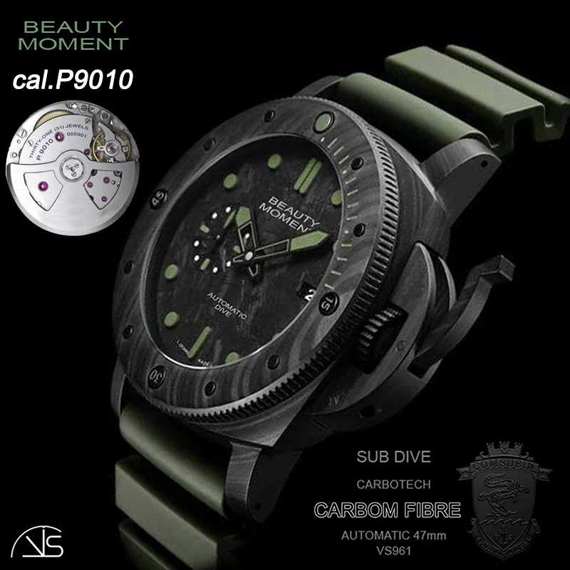 

Men's Sports Watch PAM961 Carbotech VSF Best Edition Carbon Fiber Case Green Rubber Strap P9010 Movement Waterproof AAA Watch