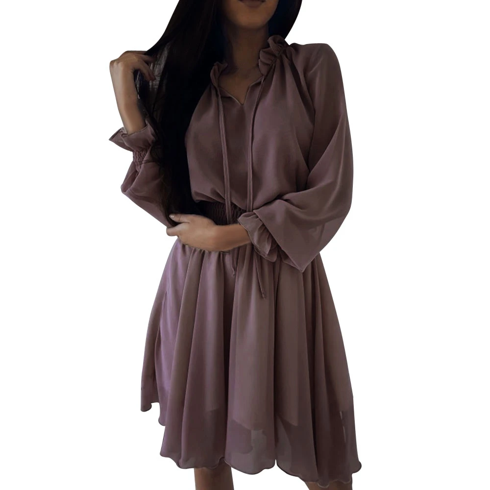 Women Fall Long Sleeve Dress Elegant Party Female Chiffon Dress O Neck Solid Pleated Casual Office Winter Vestidos Mujer 807