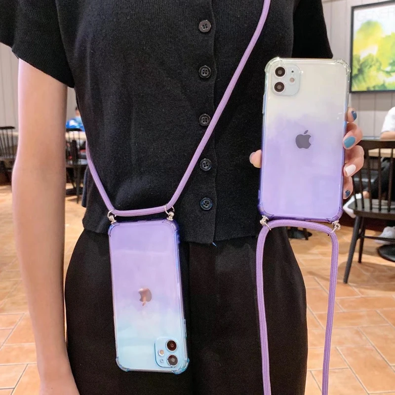 Soft TPU Transparent Gradient Case Crossbody Lanyard Shoulder Strap Cover For iPhone 13 12 Mini 11 Pro Xs Max Xr X 8 7 Plus SE2 | Мобильные