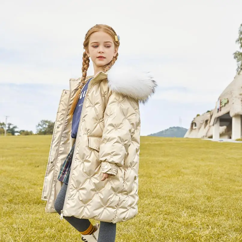 

2021 Winter New Real Fur Collar Down Jacket Children Thicker Warm Down Outerwear Baby Girl 90% White Duck Down Coats -30 Degree