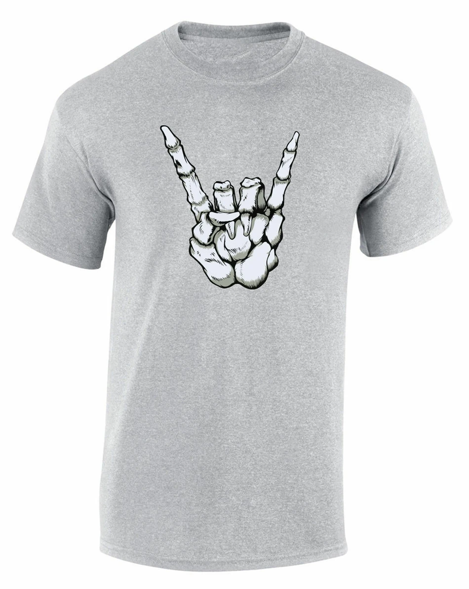Skeleton Rock Hand Sign T-Shirt Band Music Metal Devil Horns Tshirt Tee Funny Shirt |