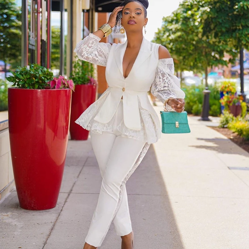 

Women Lace Patchwork Two Piece Blazer Set Autumn Long Sleeve Hollow Shoulder Deep V-Neck Ruffles Tops Skinny Long Pencil Pants