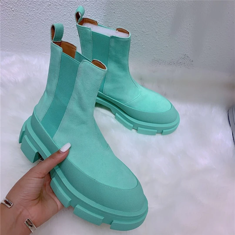 

Mint Green Suede Ankle Boots Women New Winter 2021 Round Toe Thick Heel Slip-on Runway Botas Mujer Riding Booties