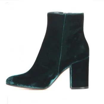 

Green Velvet Chunky Heel Boot Pointed Toe Stretch Women Square Heel Shoes Zipper Spring Autumn Short Boots Plus Size 45