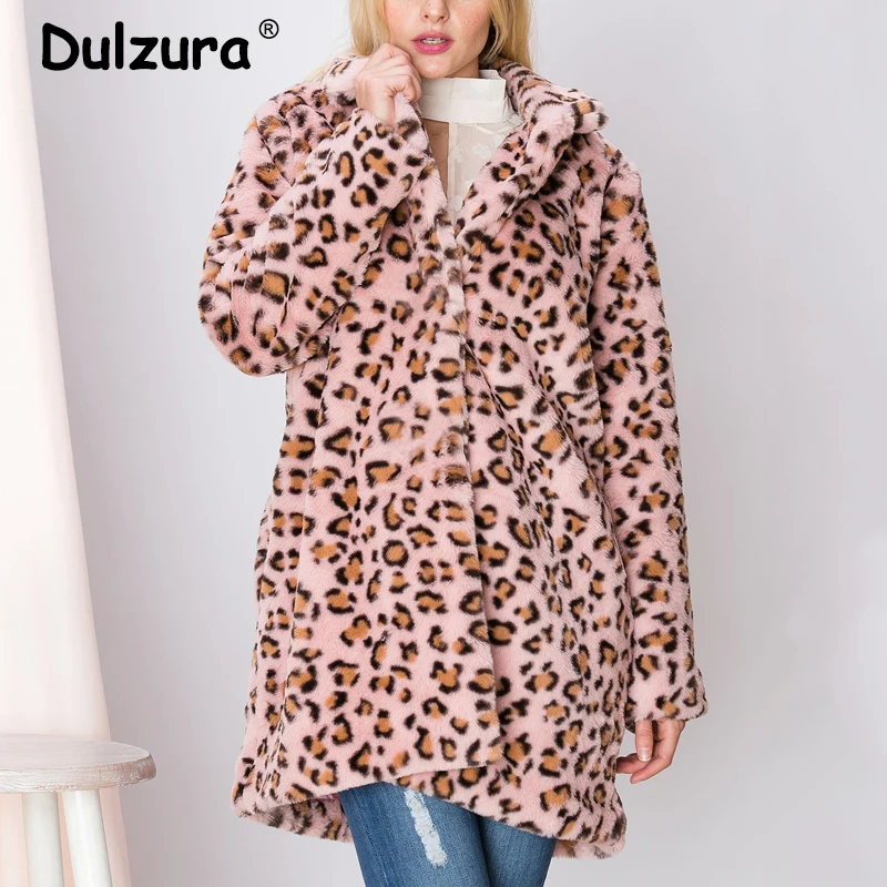 

Classic Leopard Long Faux Rabbit Fur Jacket Coat Women 2019 Fashion Warm Pink Turn-down Collar Overcoat Stylish Lady Soft Coats