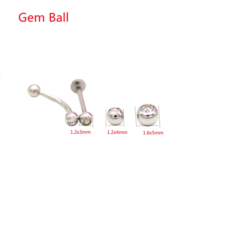 Crystal Clear Gem Ball 3mm 4mm 6m Lip Tragus Studs Ear Helix Labret Bar 1.2mm 14G Screw Eyebrow Fashion Body Jewelry