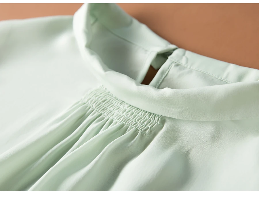 Осенняя блузка со стоячим воротником из чистого шелка Шелковая Женская свободная зеленая футболка с длинными рукавами M L XL