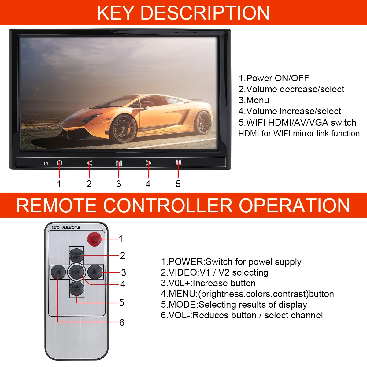  9 Inch HD IPS 1024*600 TFT LCD Color Multifunction Car Headrest Monitor support HDMI VGA AV Wireles