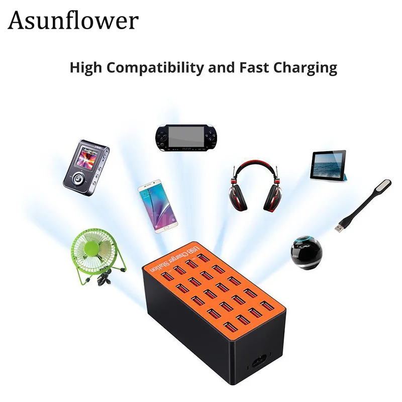 

Asunflower USB HUB 20 Ports Smart Charging USB Multi Splitter Fast Charger Station Dock Wall Power Adapter For PC Laptop EU UK