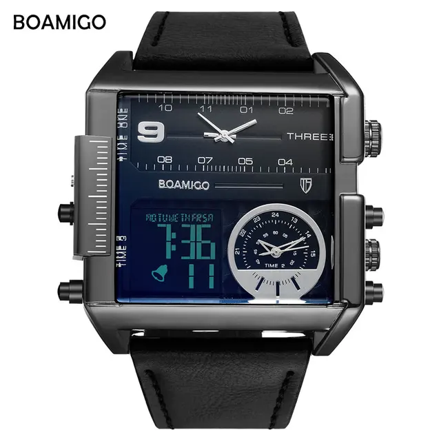 BOAMIGO brand men sports watches 3 time zone big man fashion military LED watch leather quartz wristwatches relogio masculino 6
