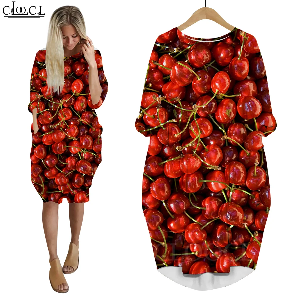 

CLOOCL Women Dress Cherries Fruit 3D Printed Baggy Daughter Dress Fashion Long Sleeve Female Gown Pocket Dresses Drop Shipping
