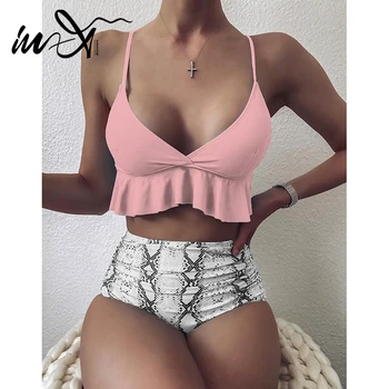 

In-X High waist bikini 2020 Retro ruffled swimsuit women Sexy snake print swimwear women bathers Psuh up biquini bathing suit XL