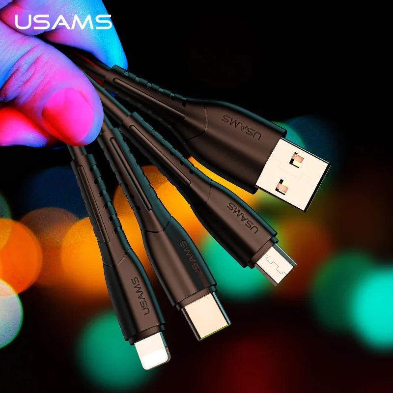 USAMS 3 в 1 USB кабель для iPhone 12 11 8 7 6s Plus 5 5s SE 5c зарядки Micro типа C Samsung s9 plus|Кабели