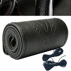 Premium Genuine Leather Embossed Steering Wheel Cover, 38cm (CA324-BK)