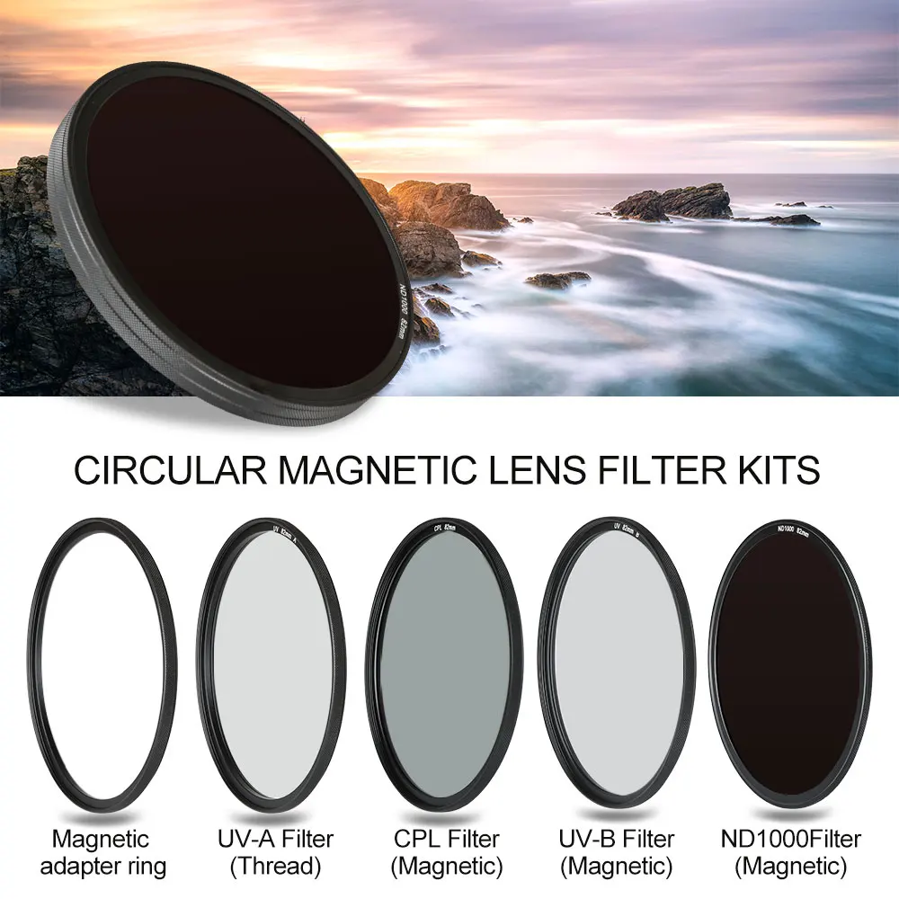 GiAi Magnetic ND UV CPL Filter Kit 5 In 1 Polarizing Neutral Density Camera Lens 82mm 77mm 72mm 67mm |