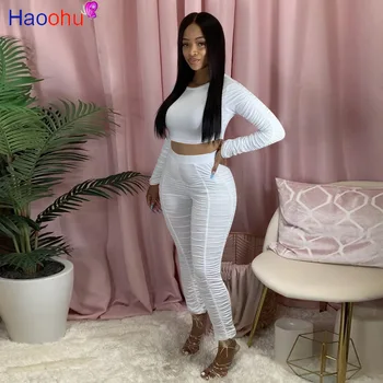

HAOOHU Two Piece Set Fall Clothes for Women Tracksuit Long Sleeve crop Top Stacked Pant Suits Lounge Wear Outfits Matching Sets