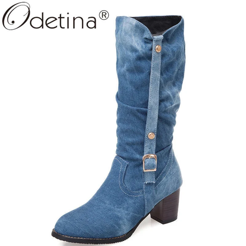 

Odetina Fashion Women Chunky Block High Heel Mid Calf Boots Winter Warm Comfort Denim Boots Round Toe With Buckle Big Size 48