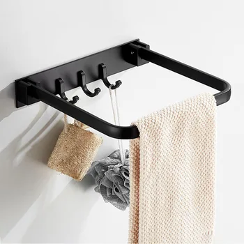 

Punch-Free Bathroom Accessories Creative Single Rod Black Nordic Movable Folding Shower Ring Square Towel Holder