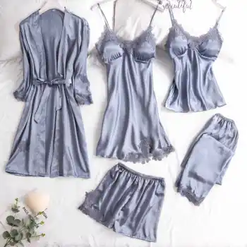 

Women Pajamas 5 Pieces Satin Sleepwear Pijama Silk Home Wear Home Clothing Embroidery Sleep Lounge Pyjama with Chest Pads