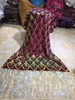 

French velvet Lace Fabric 2019 High Quality Gold Color African Voile Flannel Lace Fraric With Sequins for Nigerian Wedding