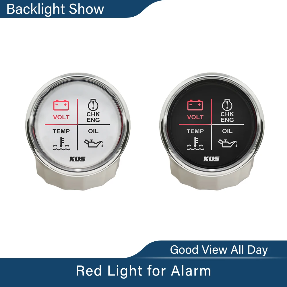 KUS 52mm alarm měrka měřič 9~32V volt/oil/water temp/check motor 4 LED alarm indikátor měrka vhodný auto loď s podsvícení