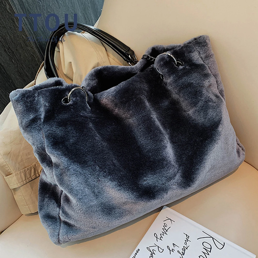 

Faux Fur Women Shoulder Bag Casual Plush Lady Tote Handbag Fashion Chain Larger Capacity Shopping Bag Travel Purse Female Winter