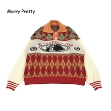 MERRY PRETTY женские вязаные свитера с вышивкой из мультфильма, ромбовидная решетка, Зимний толстый теплый жаккардовый свитер, вязаные пуловеры