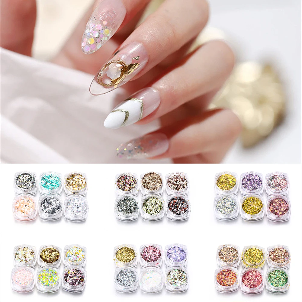 

6 boxes/set Laser Mixed Nail Glitter Powder Sequins Shinning Colorful Nail Flakes 3D DIY Charm Dust For Nail Art Decorations