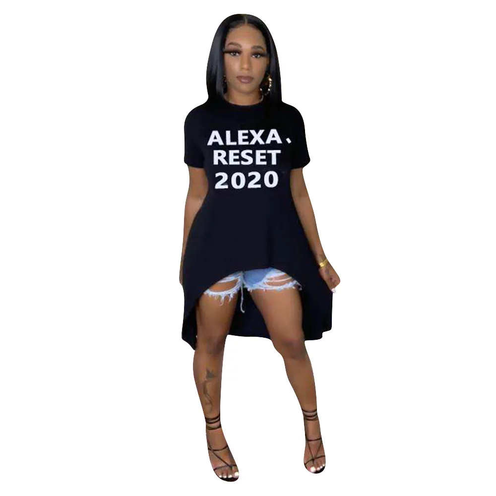 Echoine 2020 Summer Alexa Reset 2020 Letter Print Women O-neck Short Sleeve Irregular Long T-shirt fashion casual Party Tee