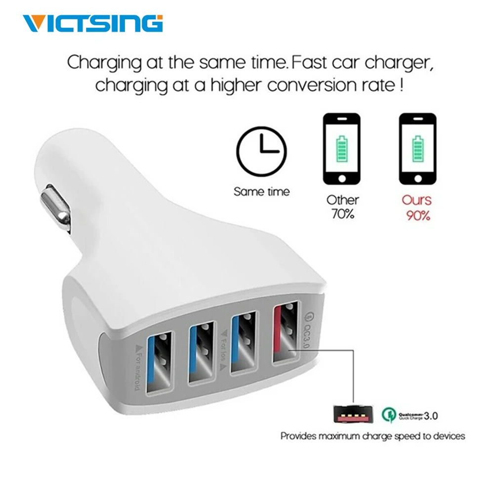 Быстрое автомобильное зарядное устройство Victsing с 4 USB портами QC3.0 мощность 12/32 в