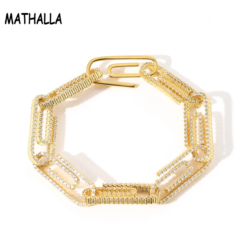 

MATHALLA 10mm Men's Paper Clip Bracelet Luxury 14K Real Gold Full Zircon Rectangular Link Bracelet Iced CZ Chain